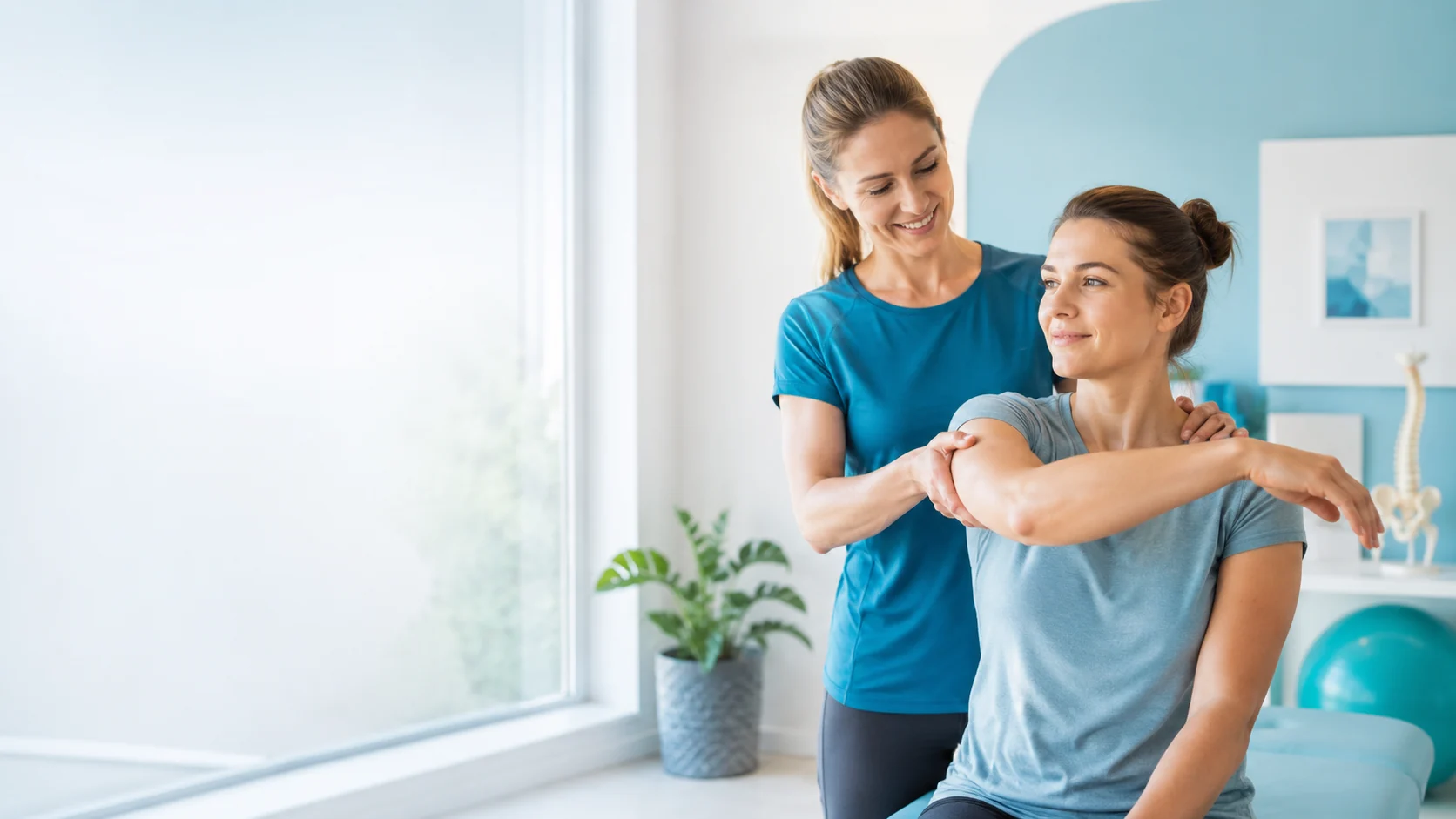 Freundliche physiotherapeutische Behandlung in einer hellen Praxis.