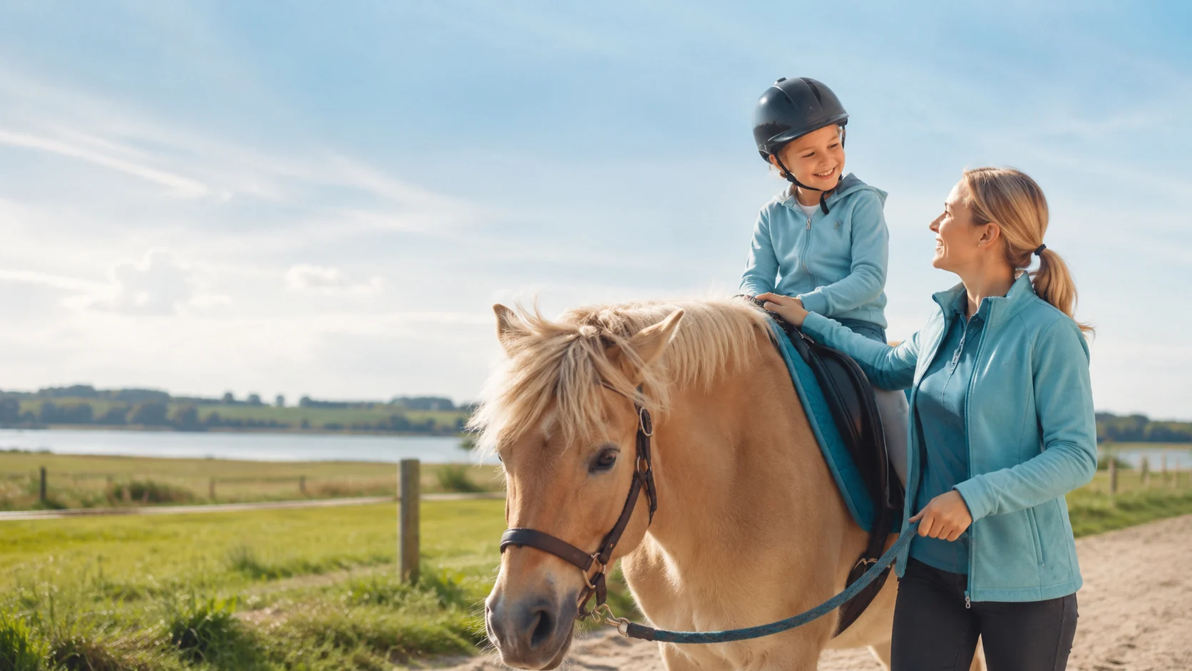 Kind auf einem ruhigen Pferd mit therapeutischer Begleitung in natürlicher Umgebung.