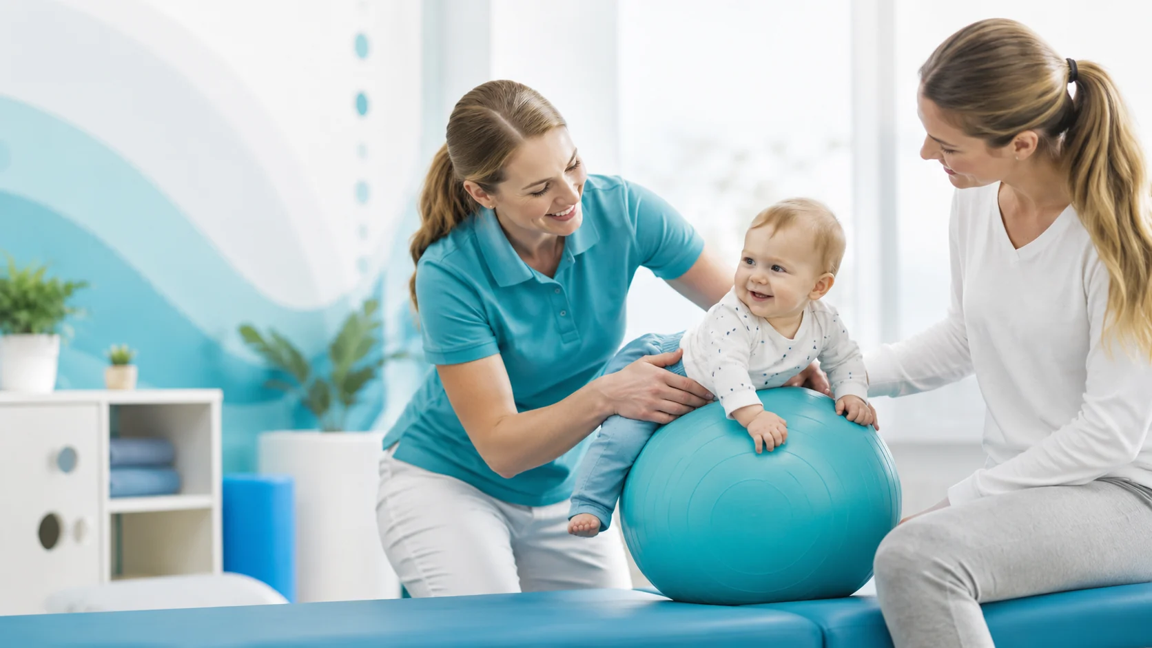 Kinderphysiotherapie mit Säugling, Mutter und Therapeutin in heller Praxis.