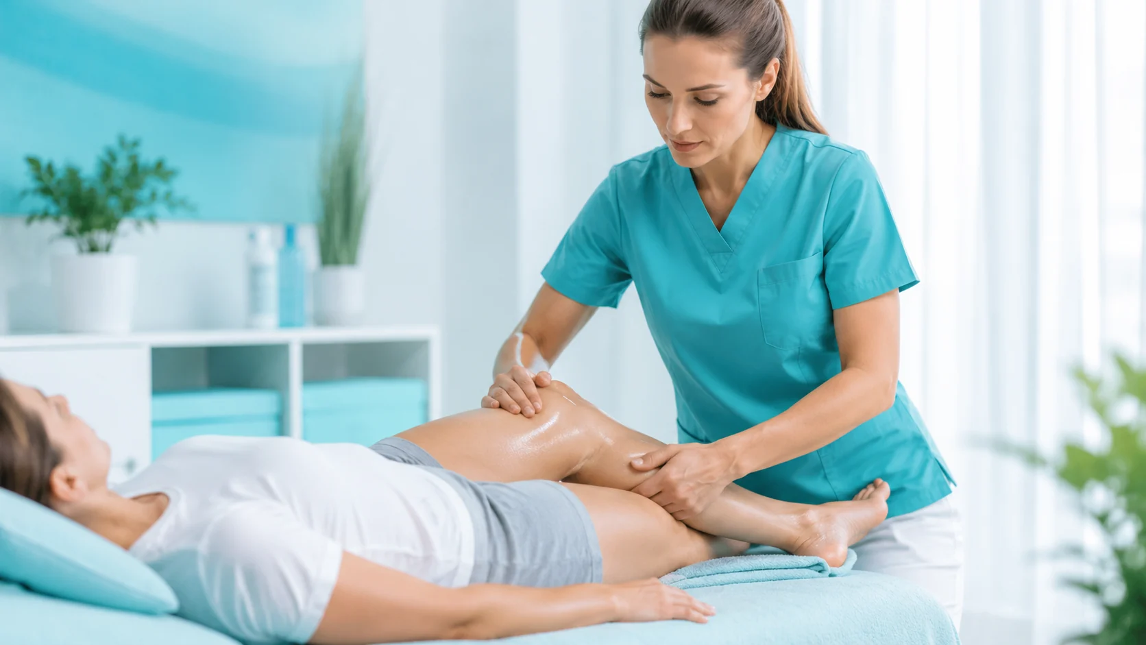 Therapeutin bei einer sanften physiotherapeutischen Behandlung des Beins.