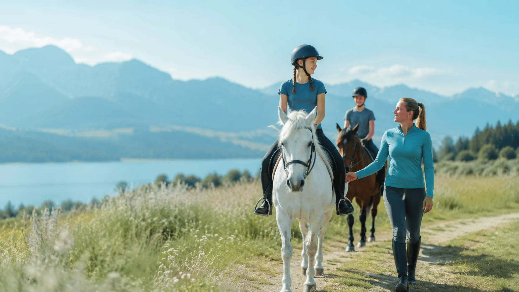 Outdoor-Reiten mit Kindern und Begleitung in offener Natur.